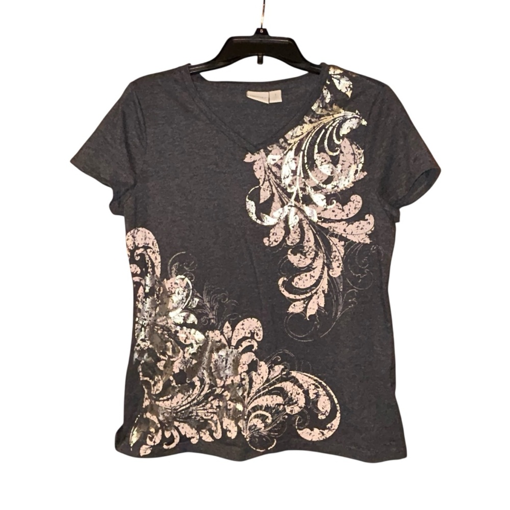 Zenergy‎ by Chico’s (1) Women’s Foil Print Tee Shirt Black Gray Scroll Medium